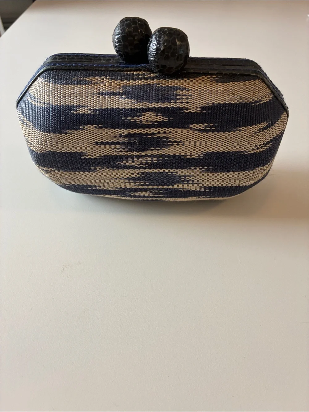 Jenny Polanco Woven Navy and Tan Evening Clutch